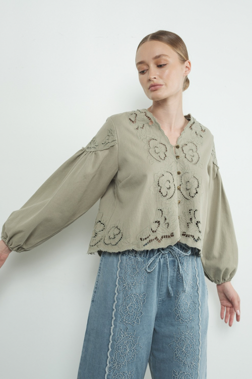 DENIM EMBROIDERY VOLUME SLEEVE TOP