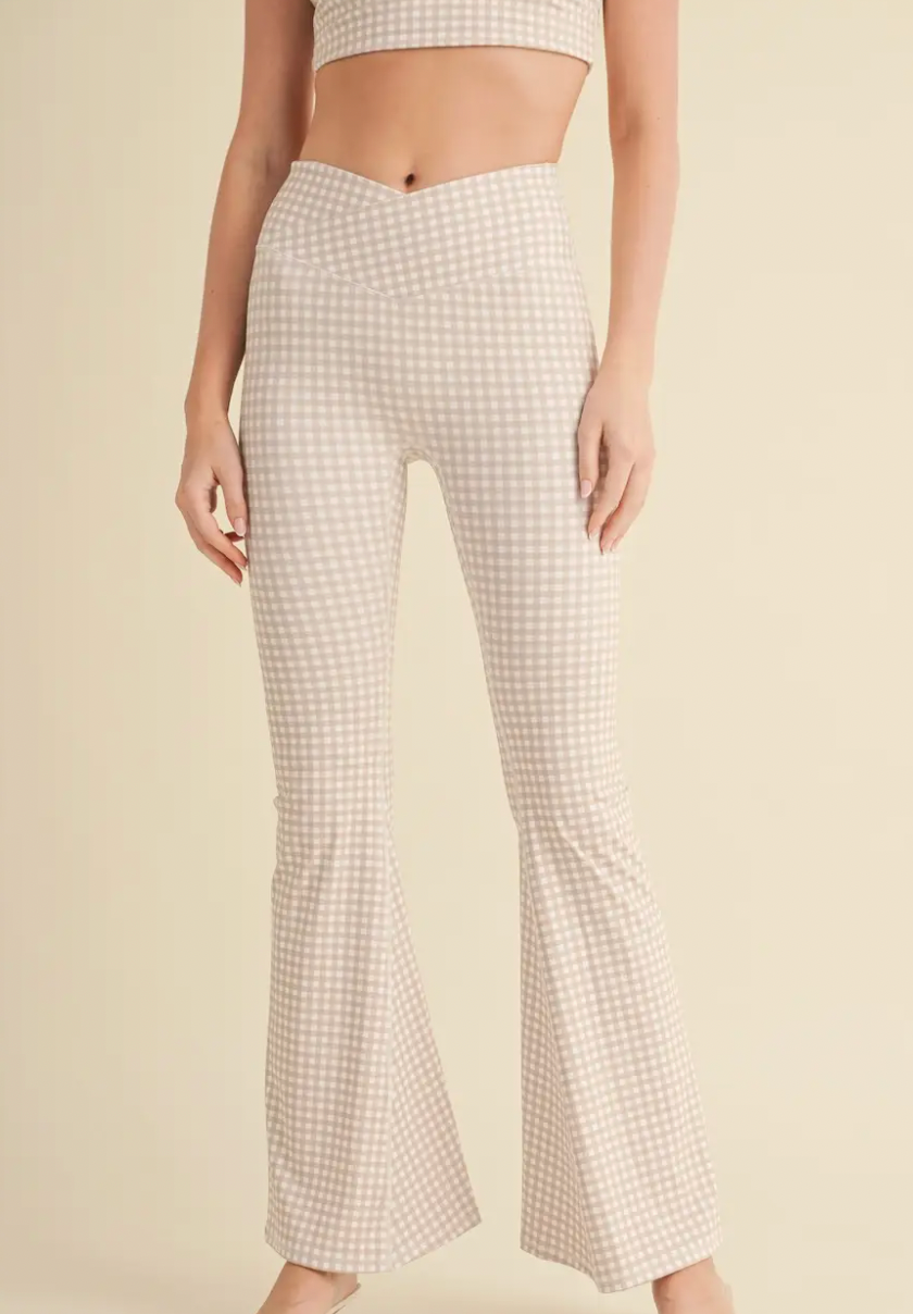 Gingham Print High Waist Crossover Flare Legging