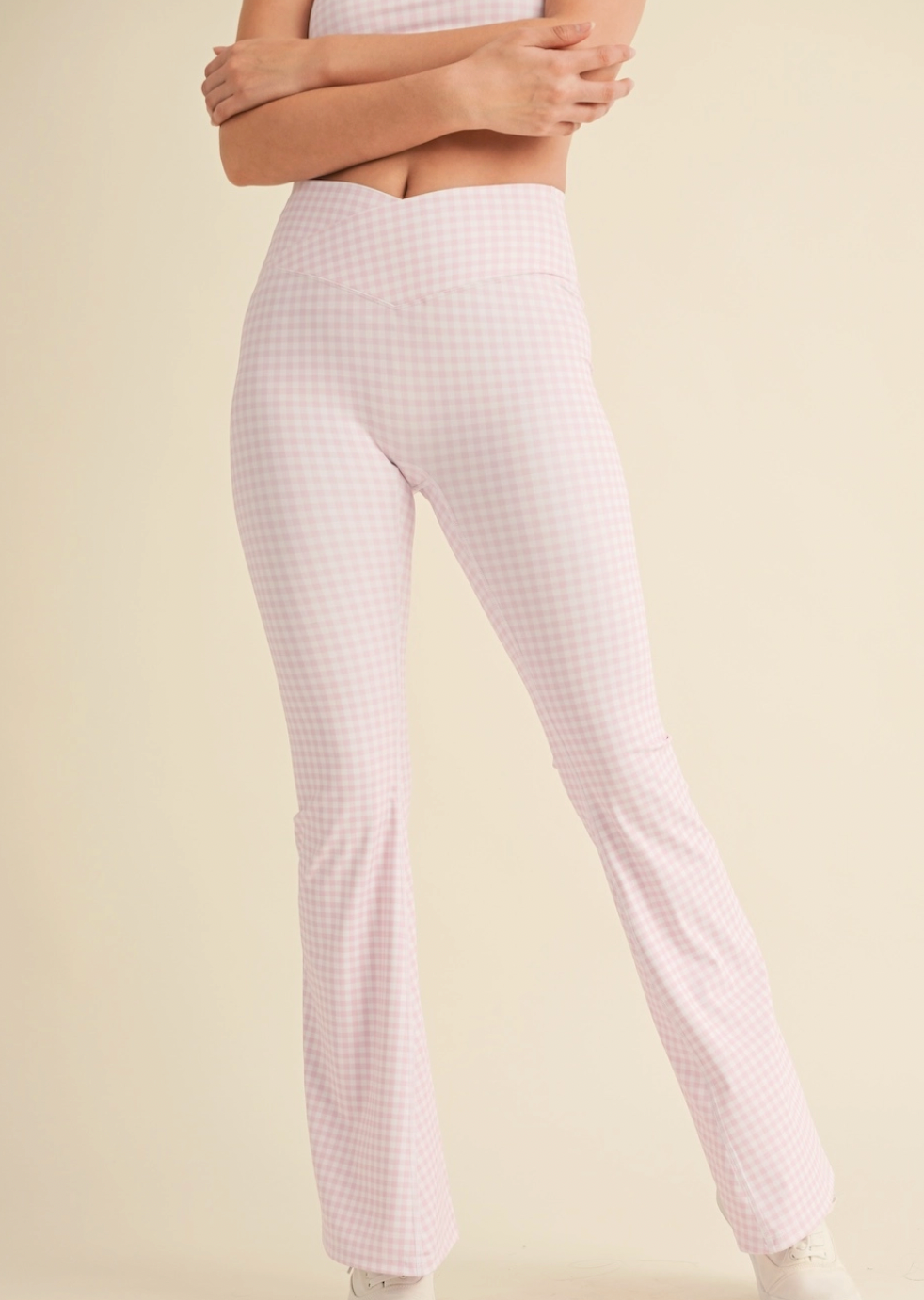 Gingham Print High Waist Crossover Flare Legging