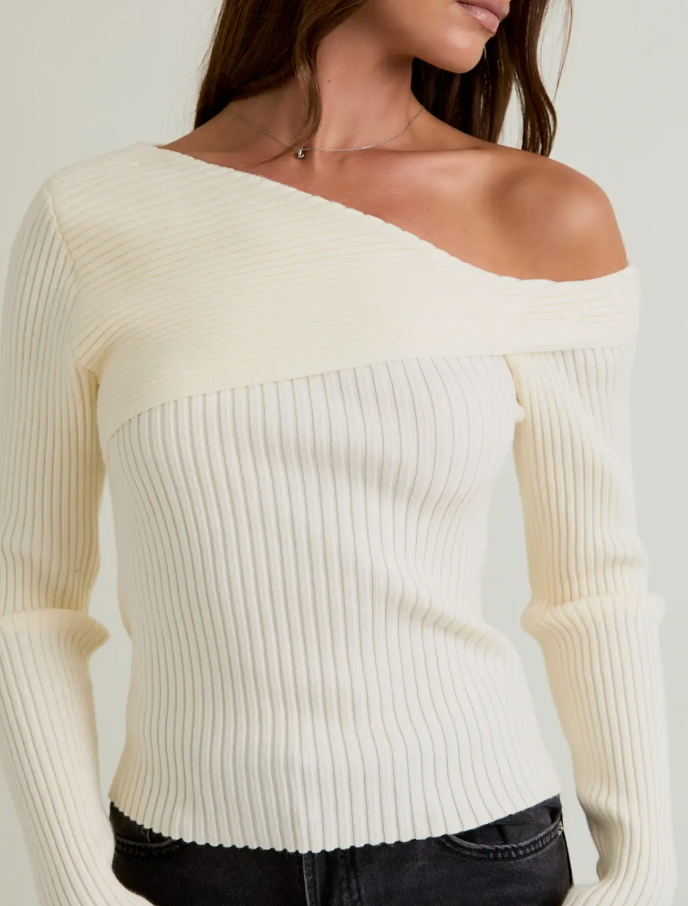 One Shoulder Ribbed Difference Detail Sweater Top