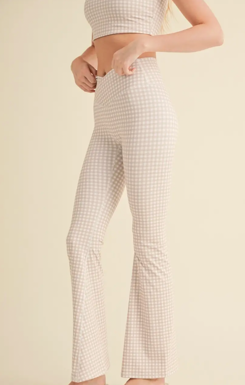 Gingham Print High Waist Crossover Flare Legging
